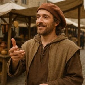 Medieval man tossing a coin. Coin flip online illustration at RandomNinja.com