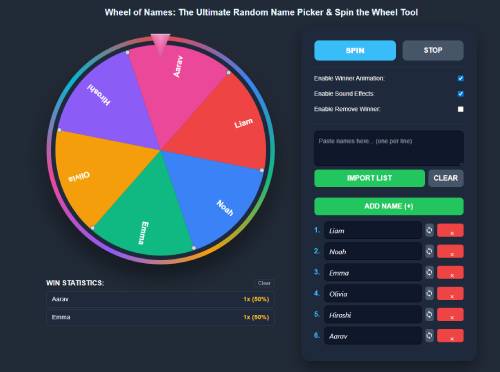 Interactive Wheel of Names tool interface by RandomNinja featuring a colorful spinning wheel, name list management, and win statistics for fair random selection.